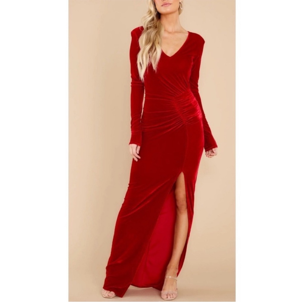 Red Velvet Long Sleeve V-Neck Maxi Dress